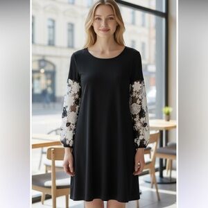 Spense Jersey Large Lace Sleeve Cut Out Dress Shift Pull On Black White